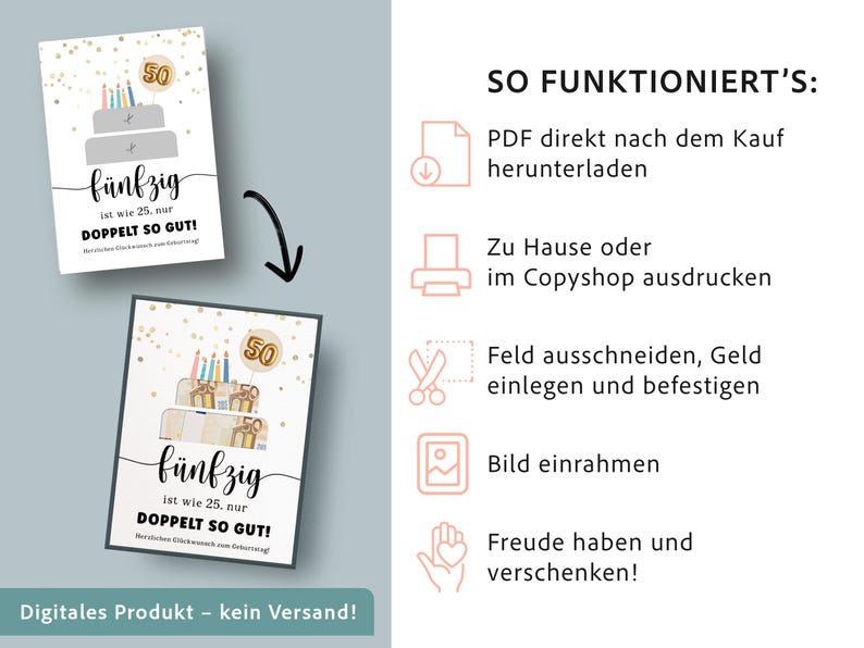 Op de afbeelding: Twee verjaardagskaarten met een taartontwerp en het nummer 50. De kaarten hebben Duitse tekst met de tekst "f&uuml;nfzig ist wie 25. nur DOPPELT SO GUT!" en "Digitaal product - geen verzending!"