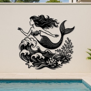 エレガントなマーメイドウォールアート - オーシャンファンタジーメタルデコレーション - 波、サンゴ、ヒトデが泳ぐマーメイドデザイン - レーザーカットウォールピース