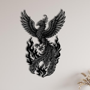 Phoenix Metall Wand Kunst | Detailreiche Feuervogel-Silhouette Mythische Anka Vogel Wanddekoration für Haus & Büro
