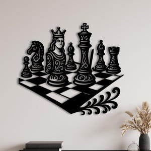 Chess Board Metal Wall Art – Artistic Strategy-Inspired Decor with Elegant Design – Modern Black Steel Chess Pieces for Home or Office