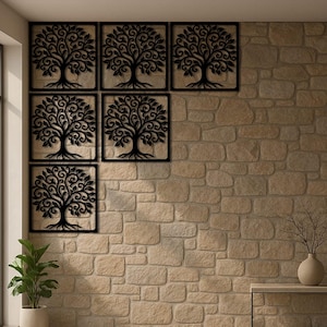 6-Panel Tree of Life Decor | Tree of Life Wall Panel Set | Nature-Inspired Decorative Metal Art | Modern Black Tree Grid Decor