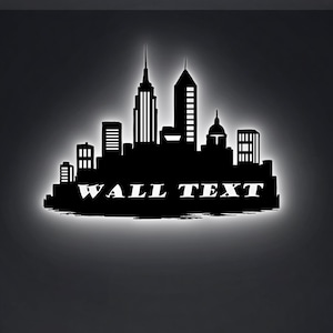 Arte mural LED personalizado con silueta de ciudad: Letrero metálico personalizado con nombre y luces para decorar el hogar, la oficina o el dormitorio. Decoración de pared metálica.