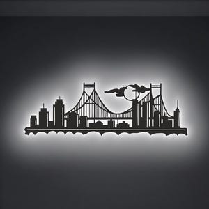 Modern City Skyline & Bridge Metal Wall Art – Urban Silhouette Home Decor for Living Room, Office, or Cafe Interior – Metal Wall Decor