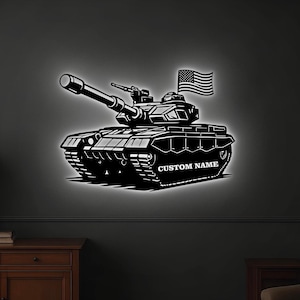 LED Metal Tank Wall Decor with American Flag – Patriotic Military Wall Art for Veterans, Man Cave, or Living Room Decoration