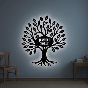 LED Family Tree Metal Wall Art - Custom Illuminated Name Sign - Personalized Lighted Tree of Life - Unique Family Gift Wall Decor