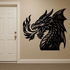 Fire-Breathing Dragon Metal Wall Art – Fierce Black and White Mythical Decor