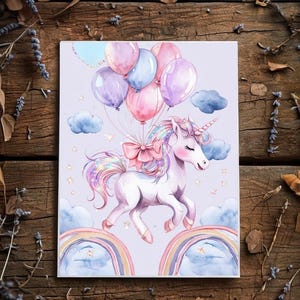 Invitations personnalisées d'anniversaire de fille - licorne fantaisiste, arcs-en-ciel, étoiles et ballons