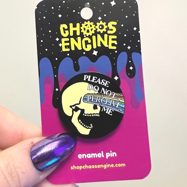 Please Do Not Perceive Me glitter enamel pin // funny pins for introverts, dystopian art, adhd, audhd, autism gifts