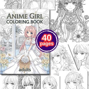 Anime Girl 40 Page, Coloring Book, Fantasy Girls, Japanese Kawaii Art, Digital Download PDF