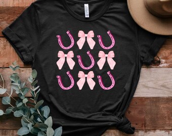 Western t-shirt, cowgirl shirt, rodeo shirt, shirt with bows, horse shoes, horse, feminine western, horse girl, horses and bows, horse lover