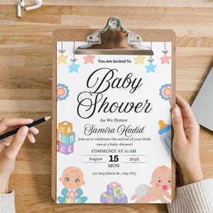 Białe ilustrowane zaproszenie na baby shower, drukowane fantazyjne zaproszenie dla dziecka, neutralna pod względem płci karta na baby shower dla przyszłej mamy