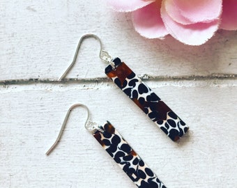 Animal Print Tortoiseshell Acetate Oblong Earrings, Acetate Earrings, Black & White Earrings, Monochrome Acrylic Earrings,