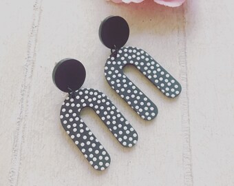 Black and White Dot U Shaped Earrings, Spotty U Shape Earrings, Monochrome Earrings, Black and White Dotty Earrings