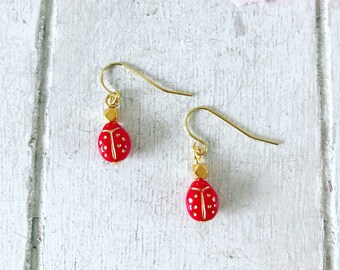 Red Ladybird Earrings with Gold Polygon Bead, Ladybird Earrings, Red Ladybird, Gold Polygon Bead, Insect Earrings