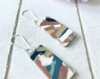 Acetate Earrings, Camouflage Earrings, Brown, Teal, White, Black, Patterned Earrings, Matte