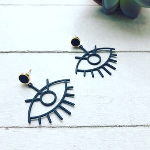 Eye Shaped Statement Earrings, Large Eye Earrings, Black Eye Outline Earrings, Black and Gold, Large Statement Earrings image 1