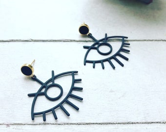 Eye Shaped Statement Earrings, Large Eye Earrings, Black Eye Outline Earrings, Black and Gold, Large Statement Earrings