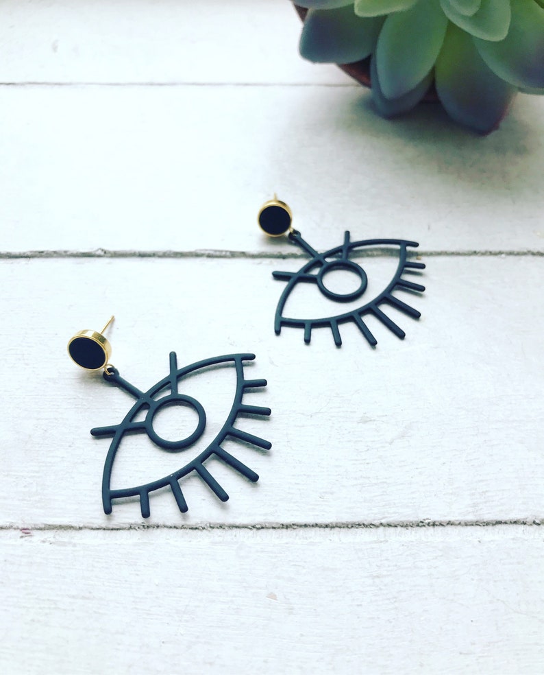 Eye Shaped Statement Earrings, Large Eye Earrings, Black Eye Outline Earrings, Black and Gold, Large Statement Earrings image 1