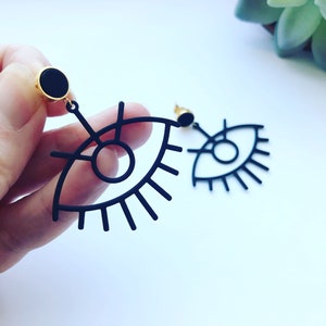 Eye Shaped Statement Earrings, Large Eye Earrings, Black Eye Outline Earrings, Black and Gold, Large Statement Earrings image 3