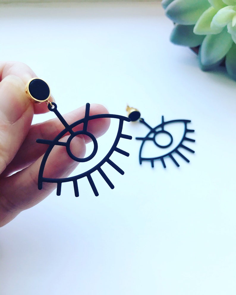 Eye Shaped Statement Earrings, Large Eye Earrings, Black Eye Outline Earrings, Black and Gold, Large Statement Earrings image 3