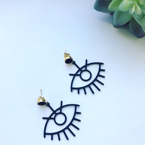 Eye Shaped Statement Earrings, Large Eye Earrings, Black Eye Outline Earrings, Black and Gold, Large Statement Earrings image 2