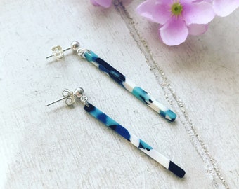 Dark Blue Marbled Acetate Oblong Earrings, Acetate Earrings, Blue Earrings, Blue Acrylic Earrings, Sterling Silver Ear Posts