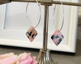Pink and Black Acetate Diamond Shape  Earrings, Diamond Shape Earrings, Sterling Silver Hoops, Valentines Day Gift