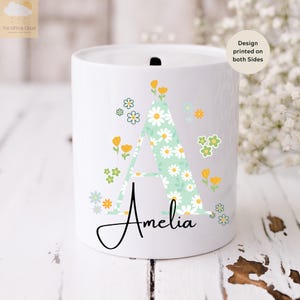 KINDER Personalisiertes Blumengeld-Glas | Name Spardose | Geburtstagsgeschenk Kind | Blumen Raum Dekor | Sparschwein | Gelddose Personalisiert