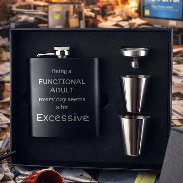 Funny Engraved Flask Gift Set – “Being a Functional Adult Seems Excessive
