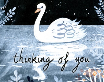 Thinking of You - CARD - greeting stationary paper goods swan lake moon stars black white garden pond water reflection sympathy