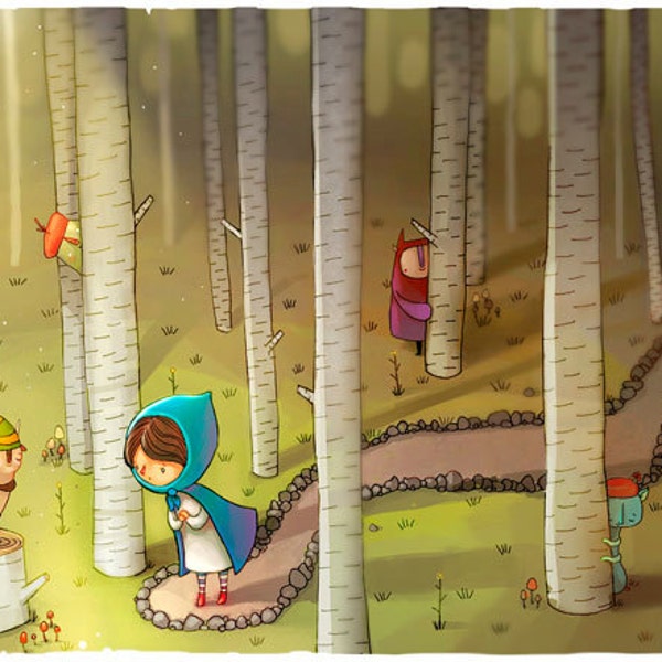 At the End of the Path - A4 Print - forest fairytale picture book little red riding hood faun birch folk woodland nature adventure girl