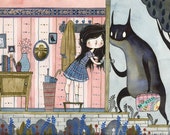 An Unexpected Visitor - A4 Print - who's at the door garden visit guest girl monster journey traveler wallpaper interior hall home pink navy