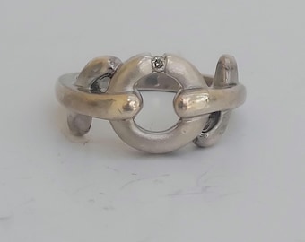 Vintage SIGNED JC 925 Sterling Silver Diamond Link Ring - Size 6.5 - Bold Modernist"