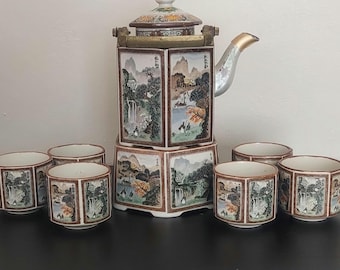 Vintage Japanese Hexagonal Porcelain Tea Set with Warmer & Cups - Hand-Painted Sansui Mountain Landscape Pattern, Brass Handle, 7-Piece