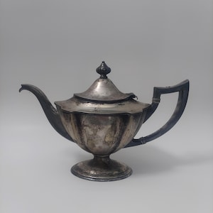 May include: A silver-toned metal teapot featuring a scalloped body, a curved spout, and a dark-coloured handle. The teapot has a matching lid with a small finial knob and rests on a circular pedestal base, showing signs of aged patina throughout.