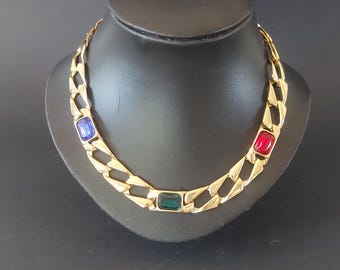Vintage runway 1980s gold tone chunky art deco necklace