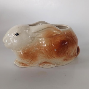 May include: A ceramic bunny-shaped planter with a cream-colored head and ears, and a brown body. The planter has a hollowed-out top for planting. The bunny is in a sitting position, with its ears perked up.