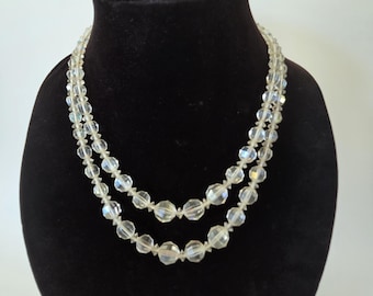 Vintage Aurora Borealis Crystal Necklace, Heavy Graduated Double Strand Glass Bead Choker, 1950s Mid Century Glam Jewelry, Prism Spacers
