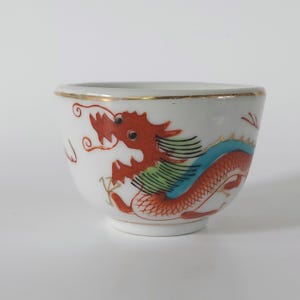 Vintage Chinese Red Dragon Porcelain Tea Cup, Mid Century Chinoiserie Restaurant Ware Small Sake Cup, Hand Painted Gold Rim 1960s