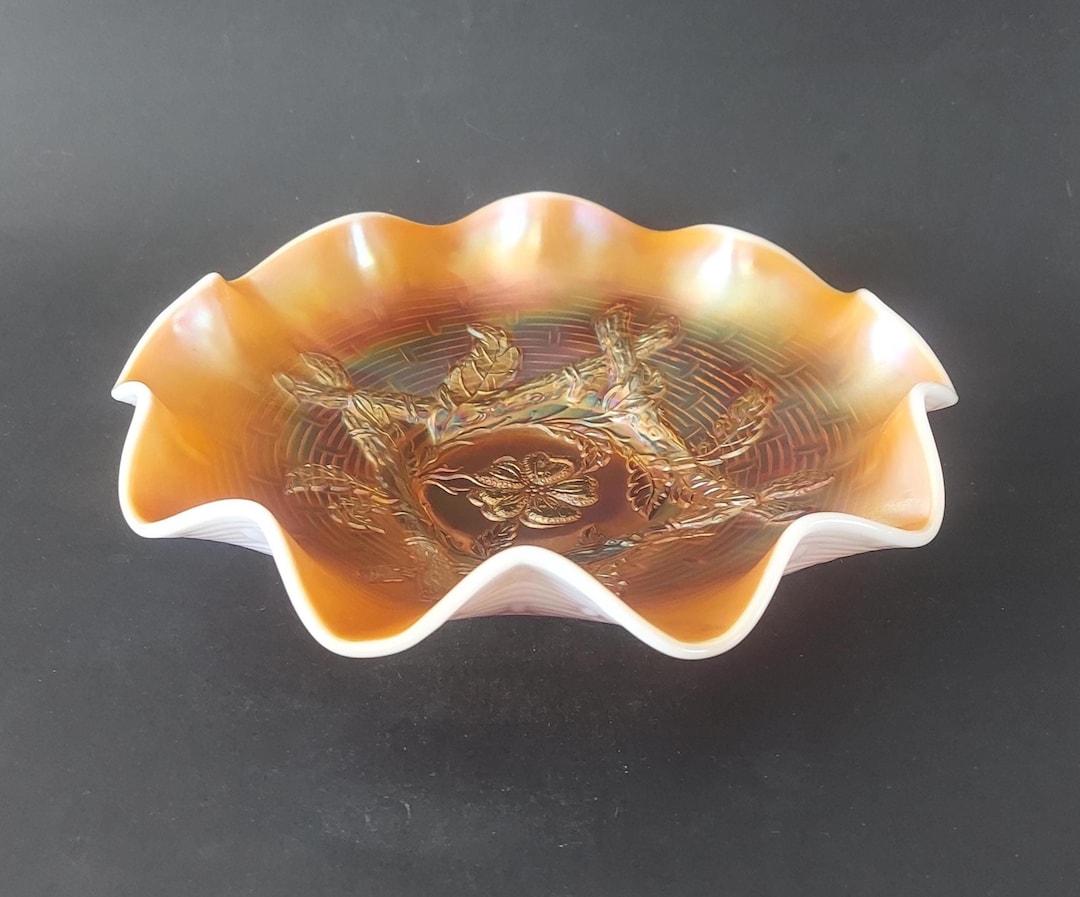 Antique Dugan Apple Blossom Twigs Carnival Glass Dish Peach