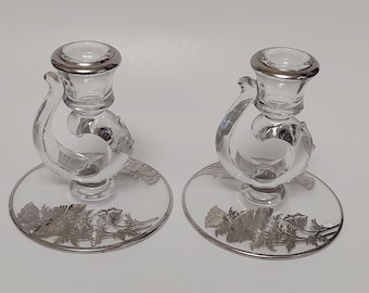 Vintage Baroque crystal candlestick holders with silver poppies overlay