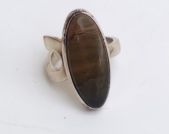 Vintage Sterling rookkwarts ovale statement ring maat 5