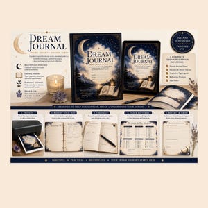 Puede incluir: Un diario de sueños imprimible con un tema de cielo nocturno, montañas y una luna creciente. El conjunto incluye una portada, páginas de seguimiento, una leyenda de símbolos y guías de reflexión, todo diseñado para imprimir en casa.