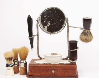 French Barber Set - 1930s/1940s - Shaving Cabinet with Mirror - Straight Razor - 4 Shaving Brushes - Soap - Moret Paris Earthenware