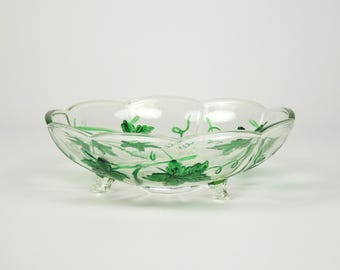 Obstschale – Handbemalt und signiert, Uranglas: Gaïda – Weinblattdekor – Art-déco-Dreibeinschale – Tischdekoration aus den 1950er-Jahren