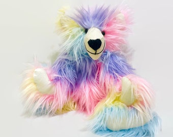 Rainbow long pile fur Bear, Artist Bear. Pastel fur Bear. One of a kind Bear. Plush Teddy Bear looking for a forever home