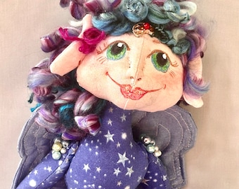 Fairy doll, one of a kind elf doll, cross legged doll, shelf doll.  Artist Custom Doll, Fabric Doll, Beaded Doll