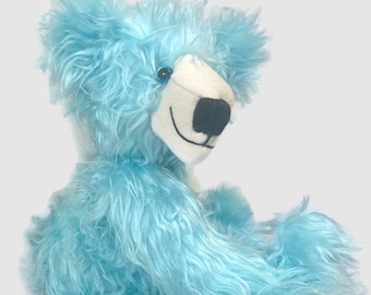 Teddy Bear, Bright blue Jointed fur bear Teddy Bear, Artist Collectable, Hand Made Bear Repurposed fabric for nose and p