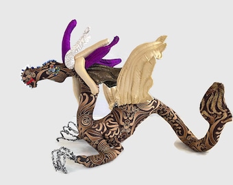 Ren Fest Steampunk Artist Brown and Gold Handmade Cloth Dragon. wrist dragon, flying dragon, Fantasy Dragon, Wired and Poseable Dragon