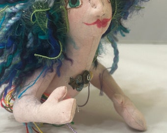 Little Mermaid doll with blue tail. One of a kind purple batik tailed mermaid. Artist mermaid sea creature. Blue yarn hair